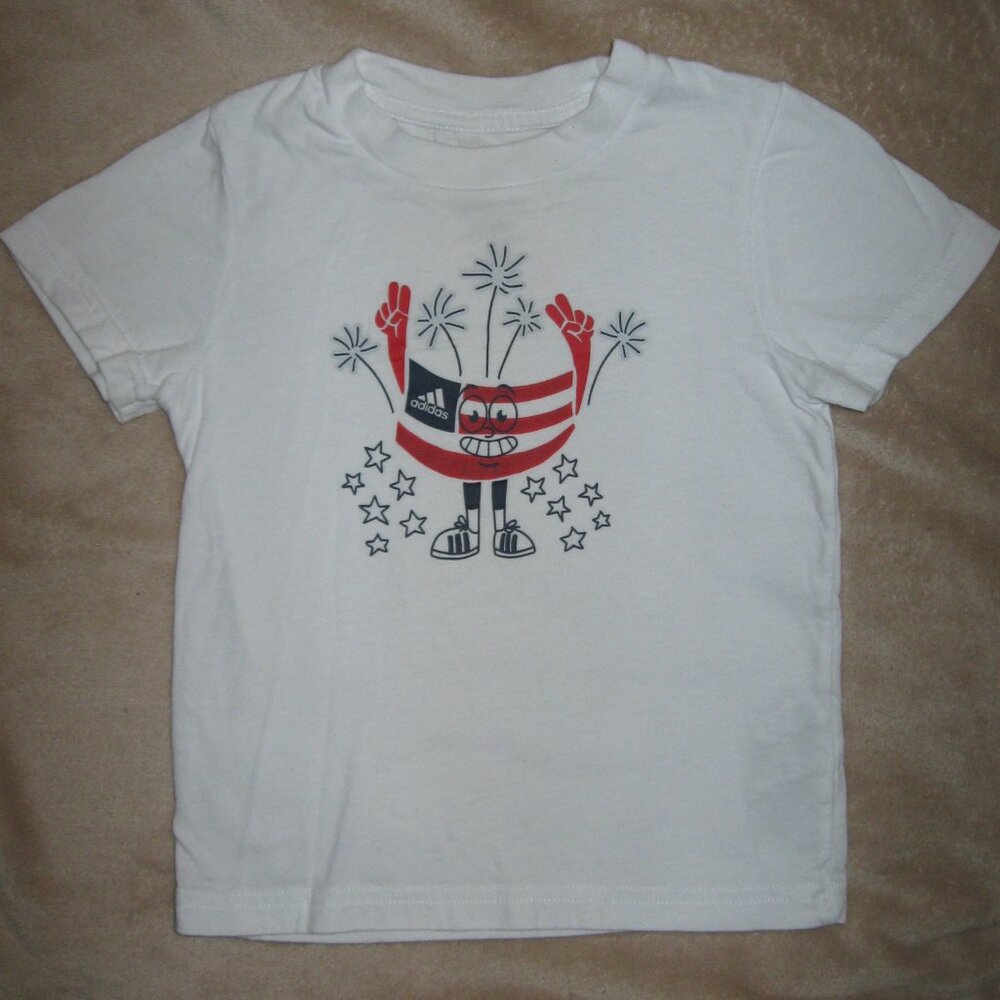 white 18mo Adidas 4th of July Independence Day tee tshirt flag fireworks stars